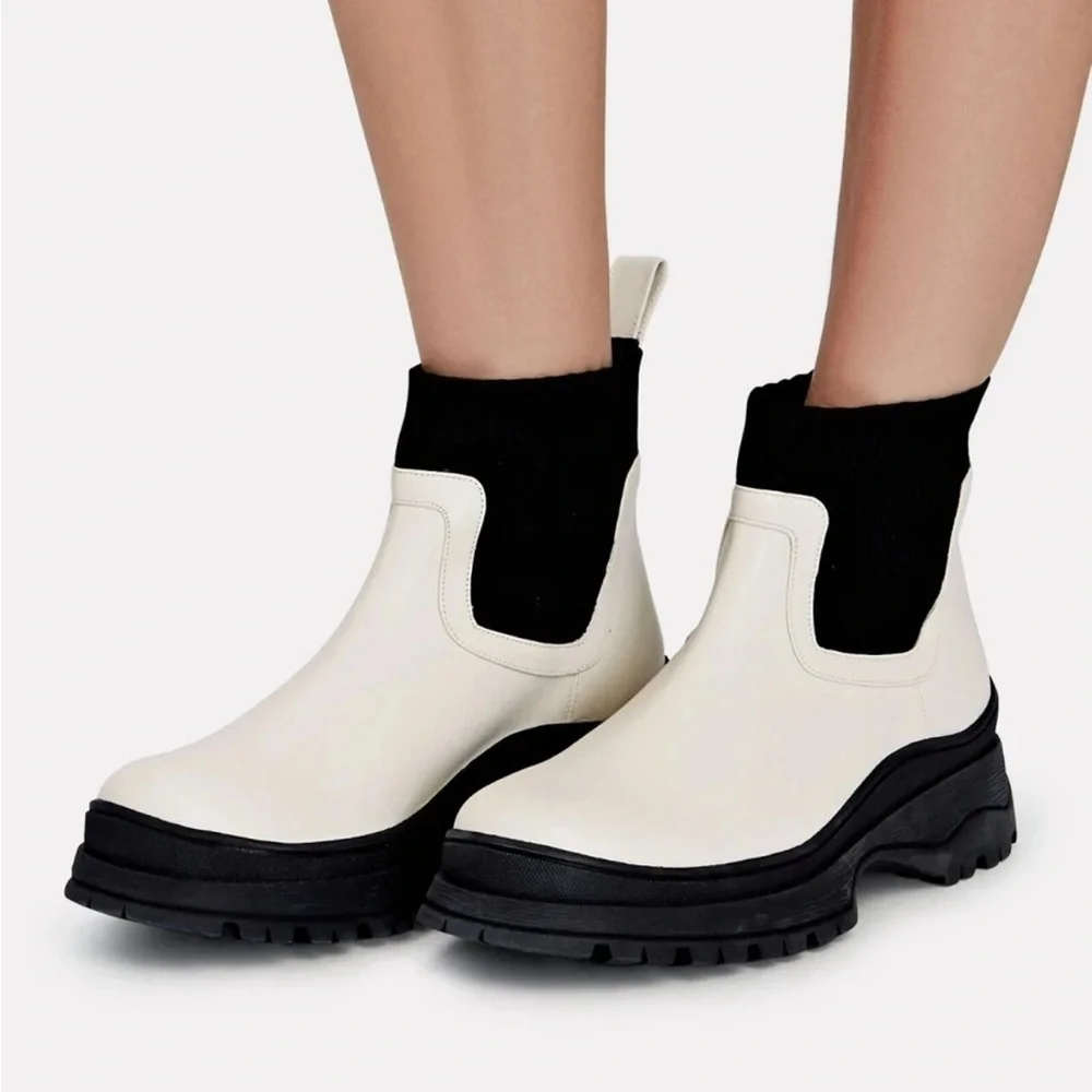 STAUD Bow Lug Sole Sock Ankle Boots CHUNKY LUG SOLE WHITE BLACK 38 ~ 8